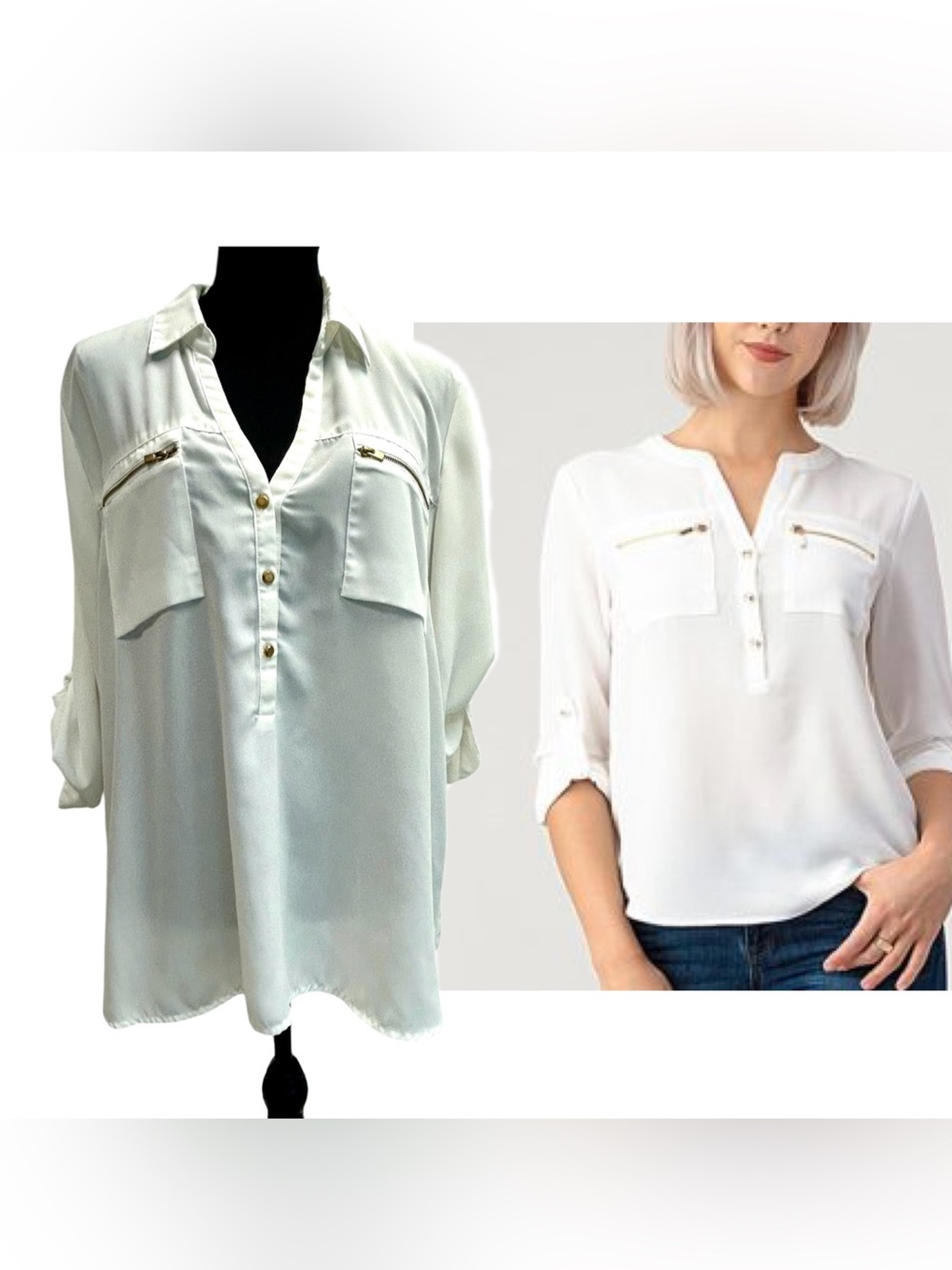 Mandee White Utility Pocket V-neck half button down Blouse roll tab sleeve XL